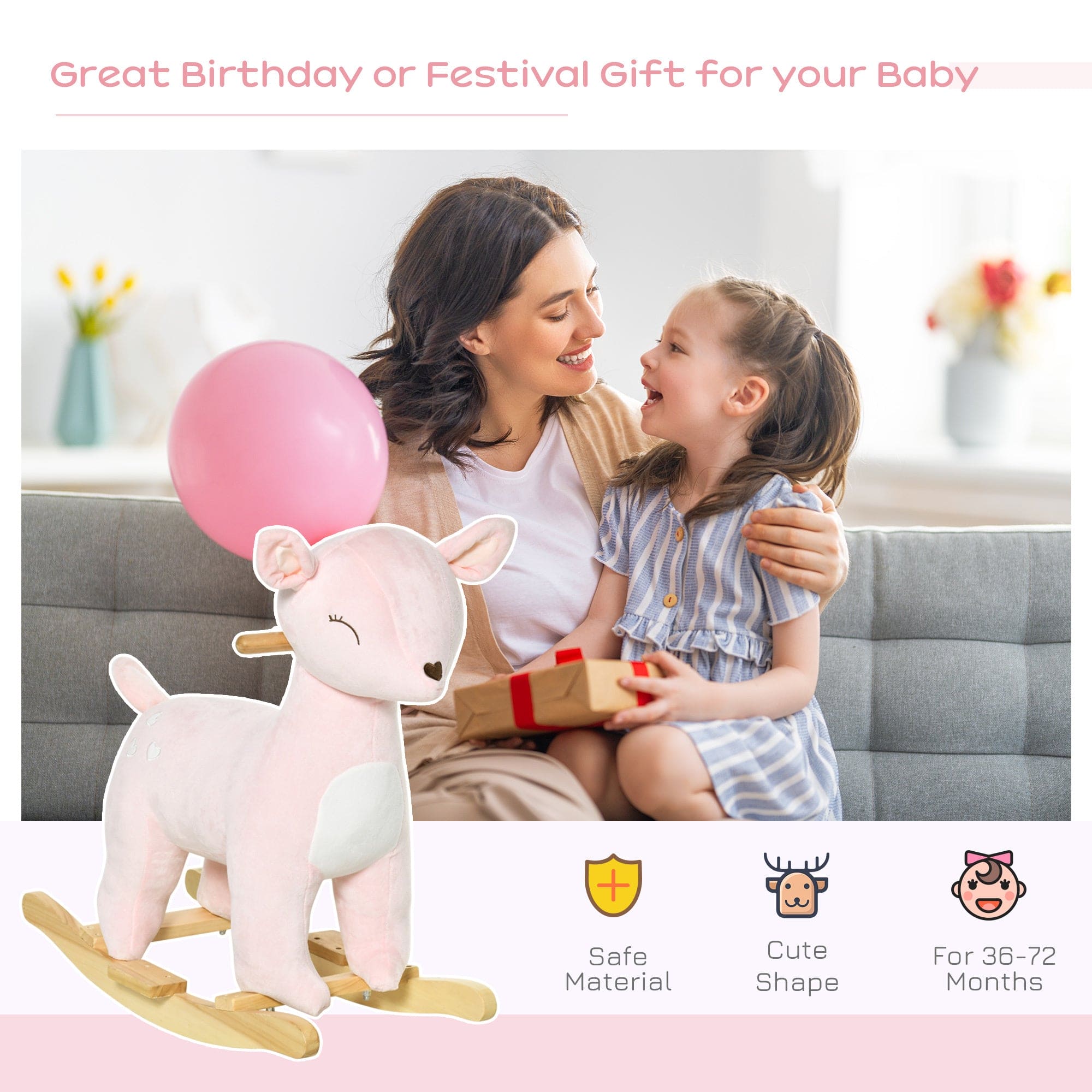 Qaba Kids Plush Ride-On Rocking Horse Deer-shaped Plush Toy Rocker with Realistic Sounds for Child 36-72 Months Pink - The Little Big Store