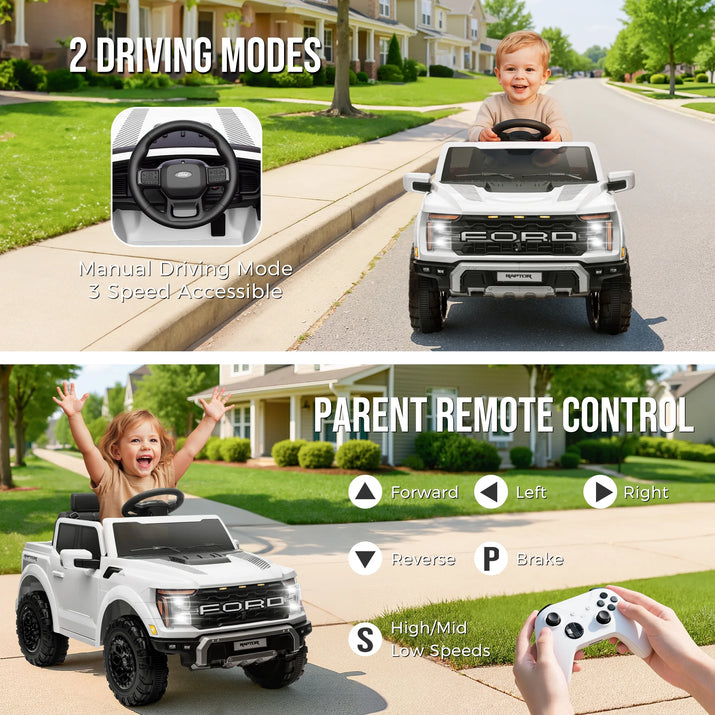 Exciting 12V Ford F 150 Raptor Ride-On Car with Remote Control - Bluetooth, LED Lights & Music for Kids Aged 3-6 - Perfect Adventure Vehicle in White