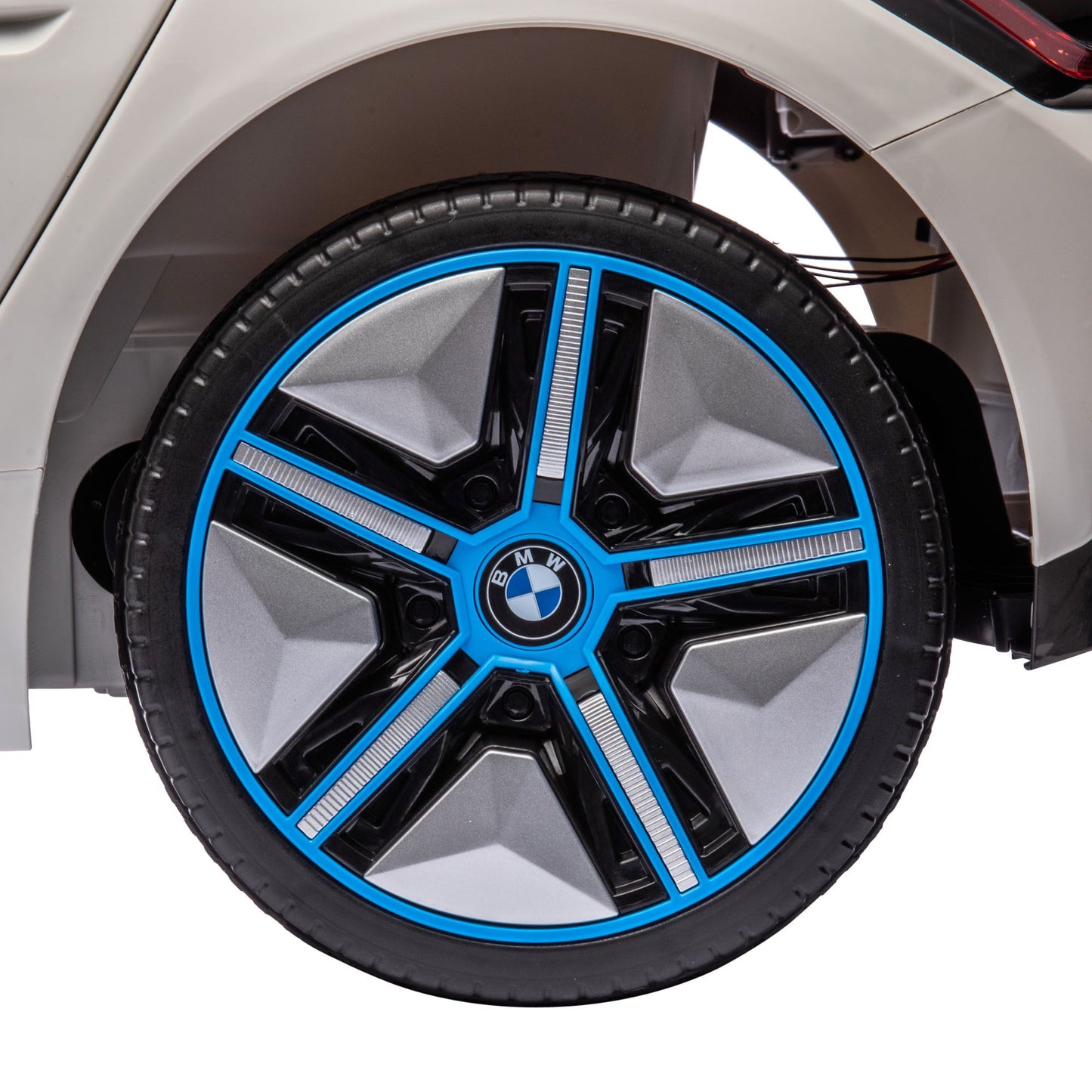 Close-up of a car wheel with a BMW logo on a white background