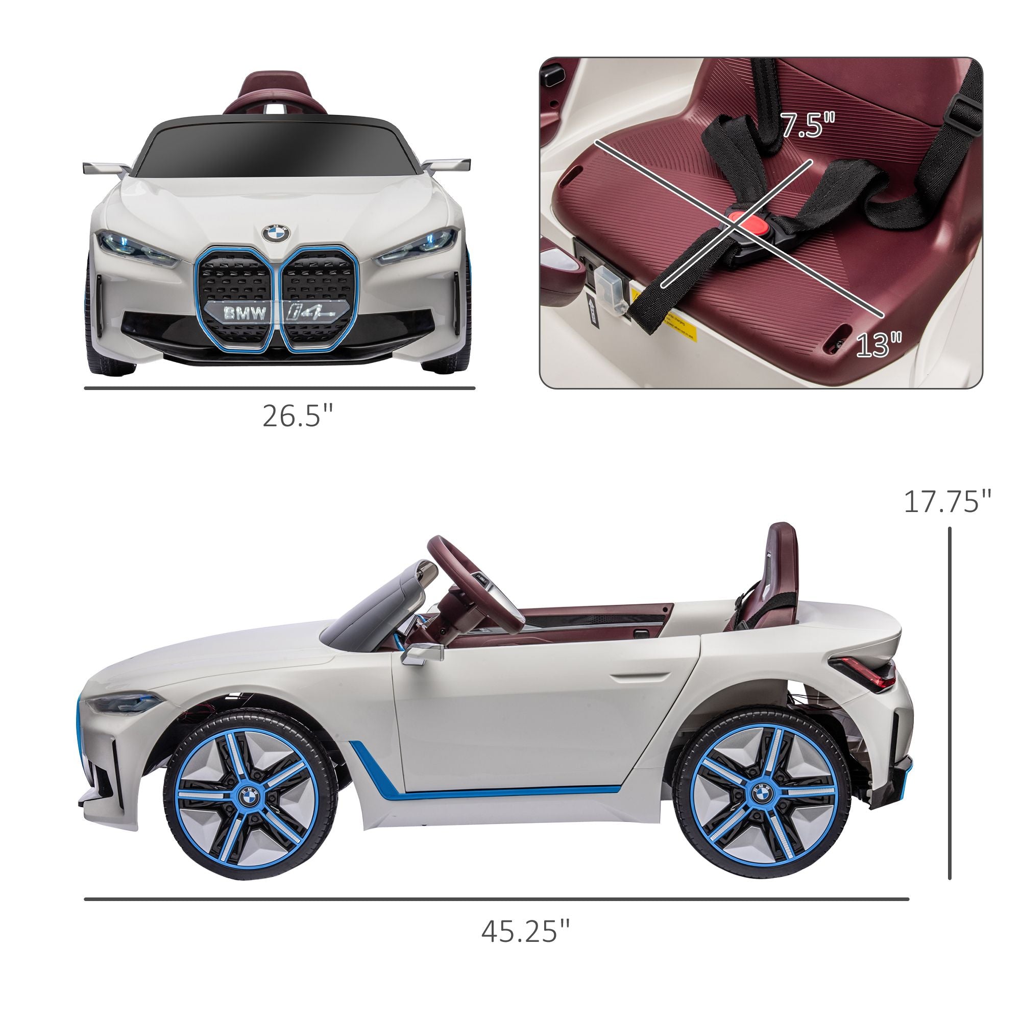 Children's toy car with BMW logo, showing dimensions and seat details.