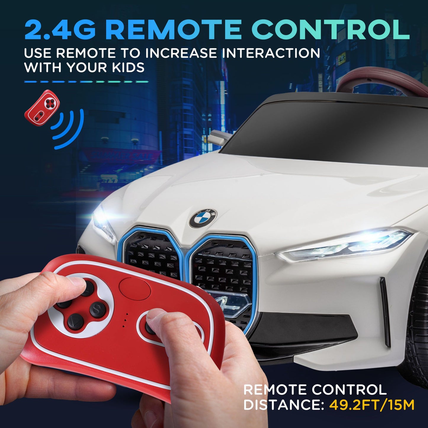 Toy car with remote control and text about 2.4G remote control interaction with kids
