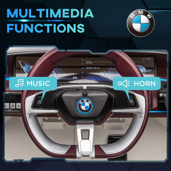 Steering wheel with BMW logo and multimedia functions labeled on a dark background