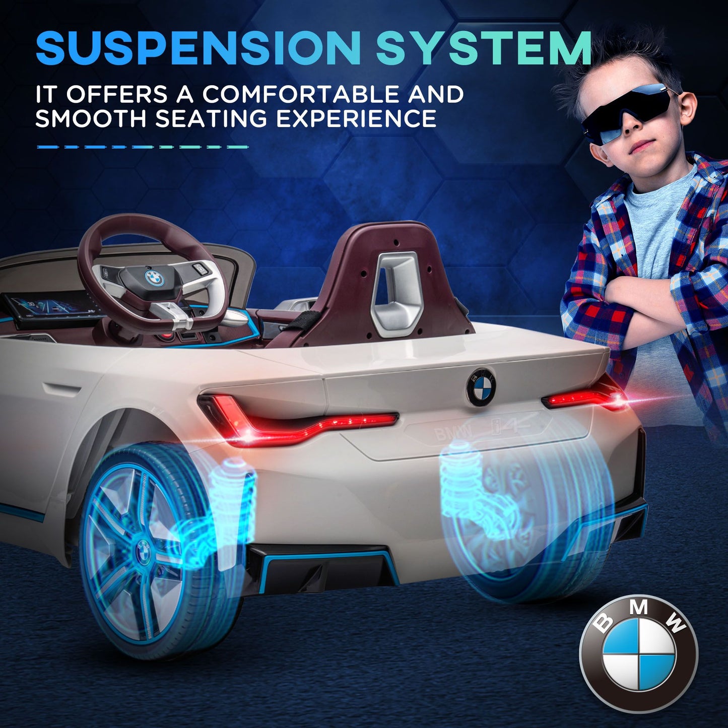 Children's toy car with BMW logo and suspension system text on a dark background