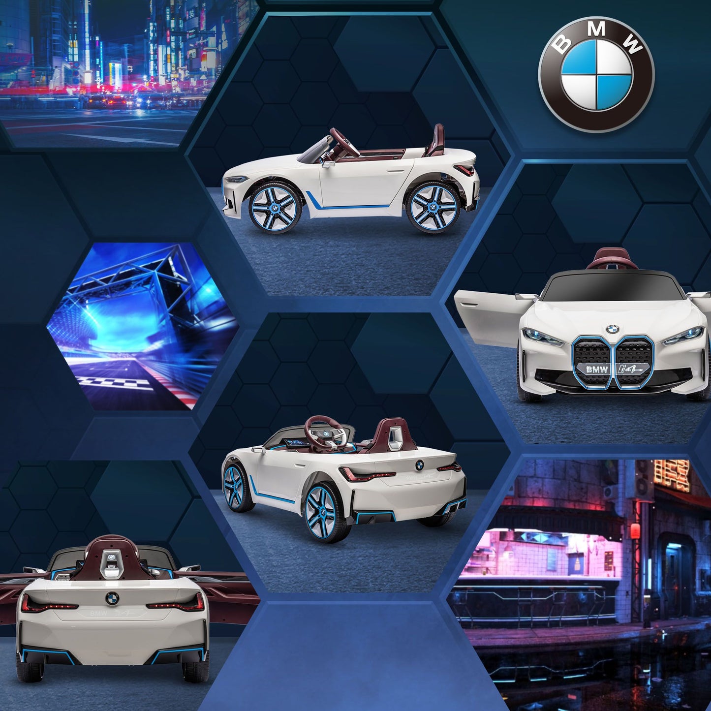 Collage of BMW cars with a cityscape background and BMW logo.