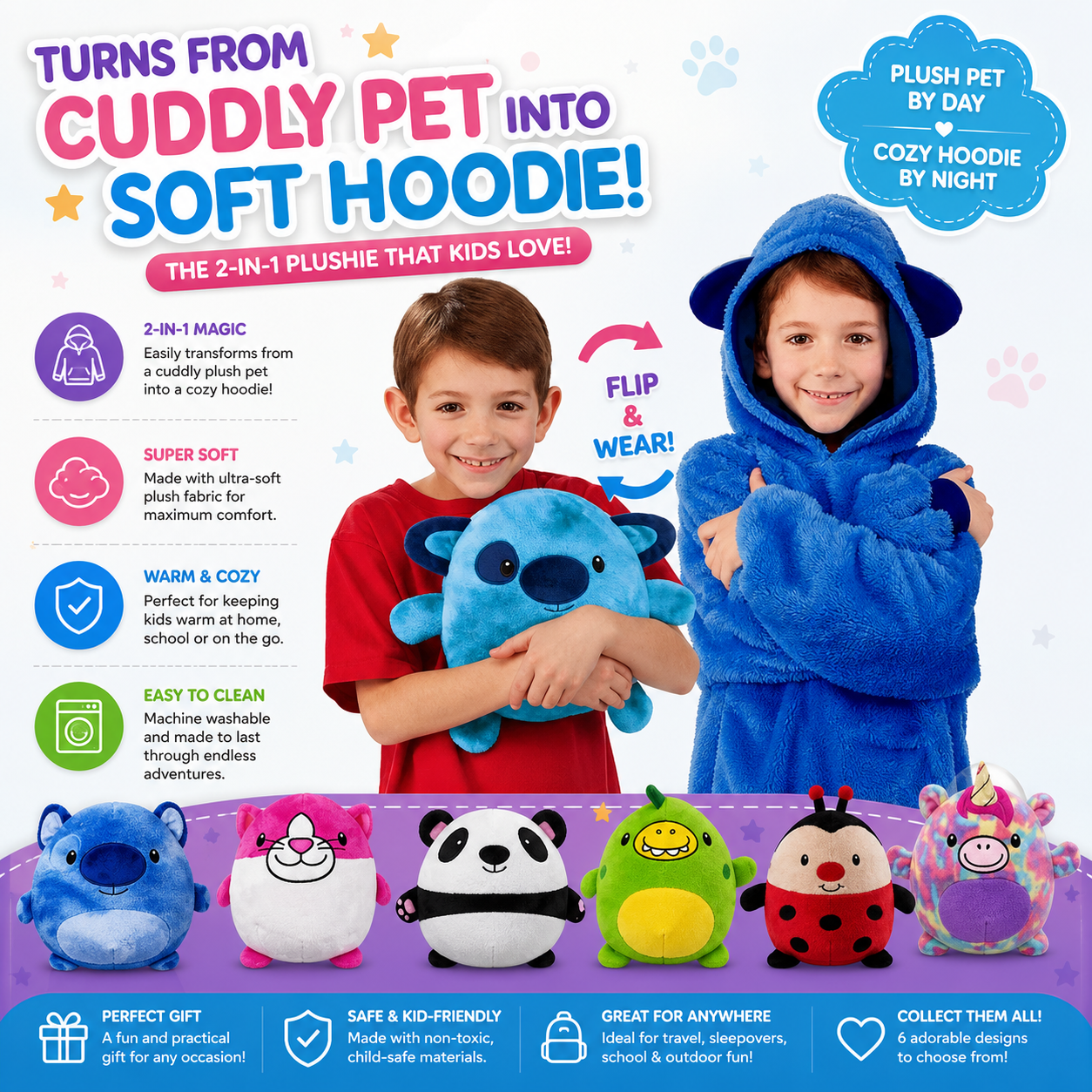CozyCritter™ Kids Animal-Print Blanket Hoodie – Soft Plush Wearable Fleece