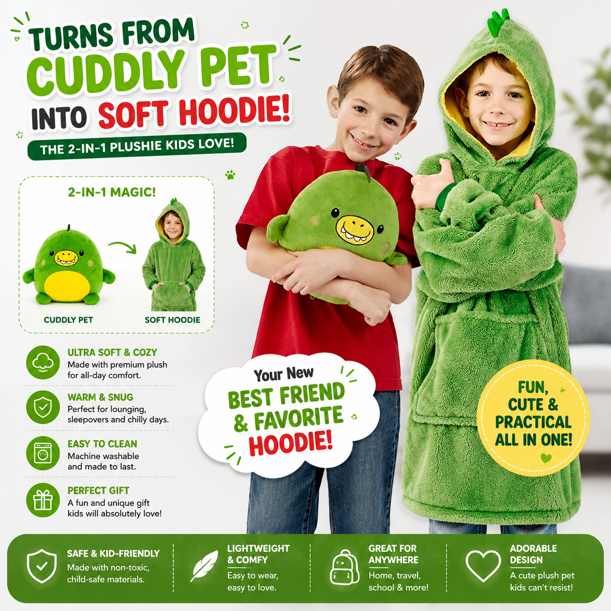 CozyCritter™ Kids Animal-Print Blanket Hoodie – Soft Plush Wearable Fleece