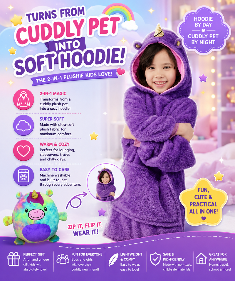 CozyCritter™ Kids Animal-Print Blanket Hoodie – Soft Plush Wearable Fleece