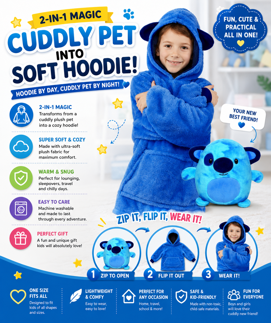 CozyCritter™ Kids Animal-Print Blanket Hoodie – Soft Plush Wearable Fleece