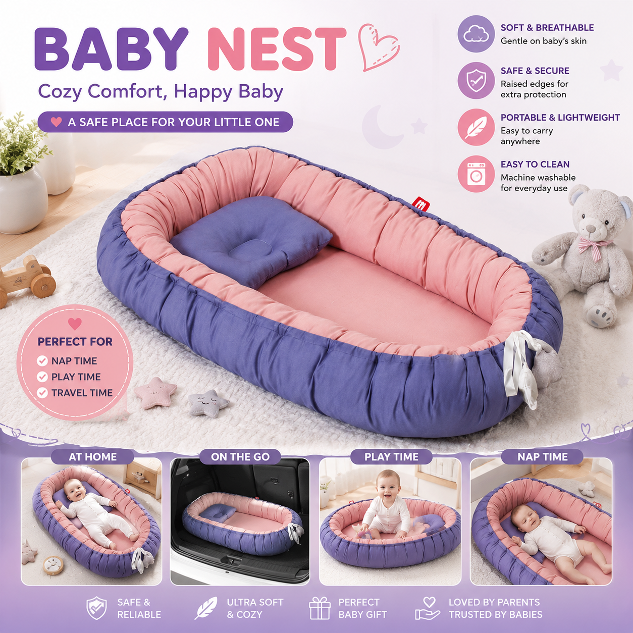 Fold 'n Go™ Foldable Baby Nest – Portable Lounger for Supervised Playtime & Travel