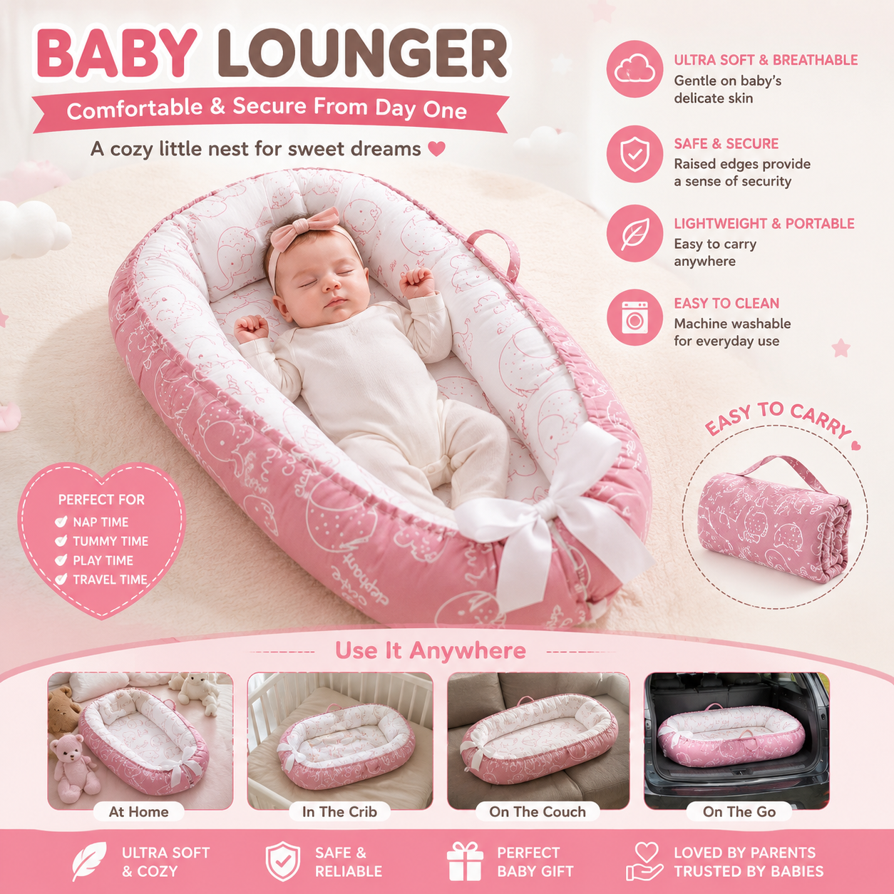 Fold 'n Go™ Foldable Baby Nest – Portable Lounger for Supervised Playtime & Travel