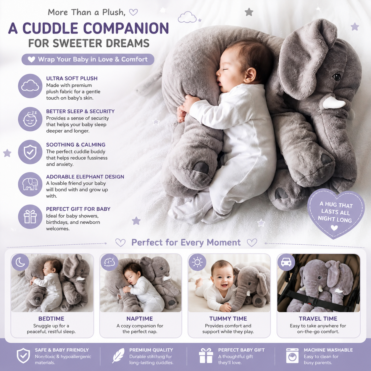 Cuddlephant™ Soft Elephant Plush Pillow – Cozy Cuddle Companion for Kids