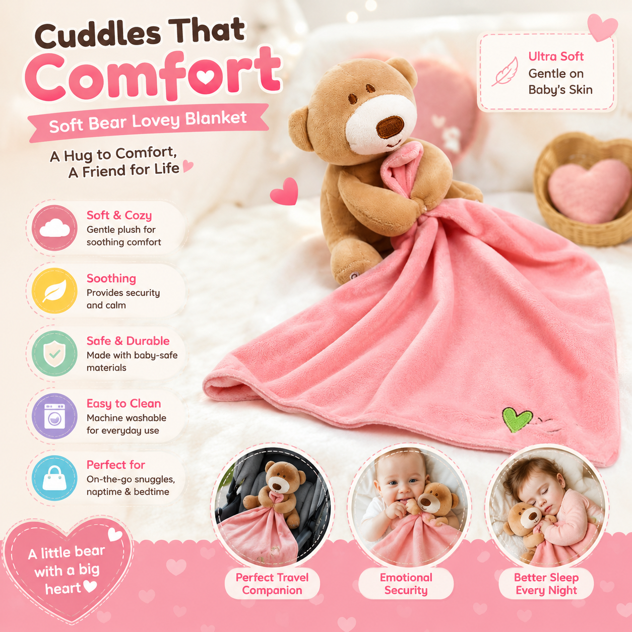 Baby Lovey™ – Ultra-Soft Security Blanket & Plush Bear for Infants