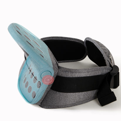 Gray and black car seat with a blue cushion on a white background