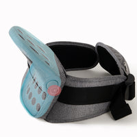 Gray and black car seat with a blue cushion on a white background