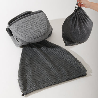Gray mesh bag with a pattern on a white background