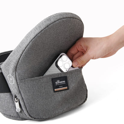 Gray bag with a hand inserting an iPhone, featuring the Sunveno brand.