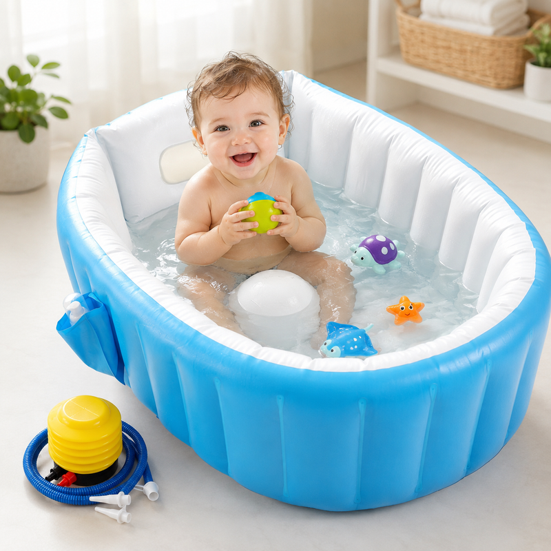 Foldable Baby Bathtub – Portable Inflatable Infant Bath Tub with Non-Slip Base & Drain Plug