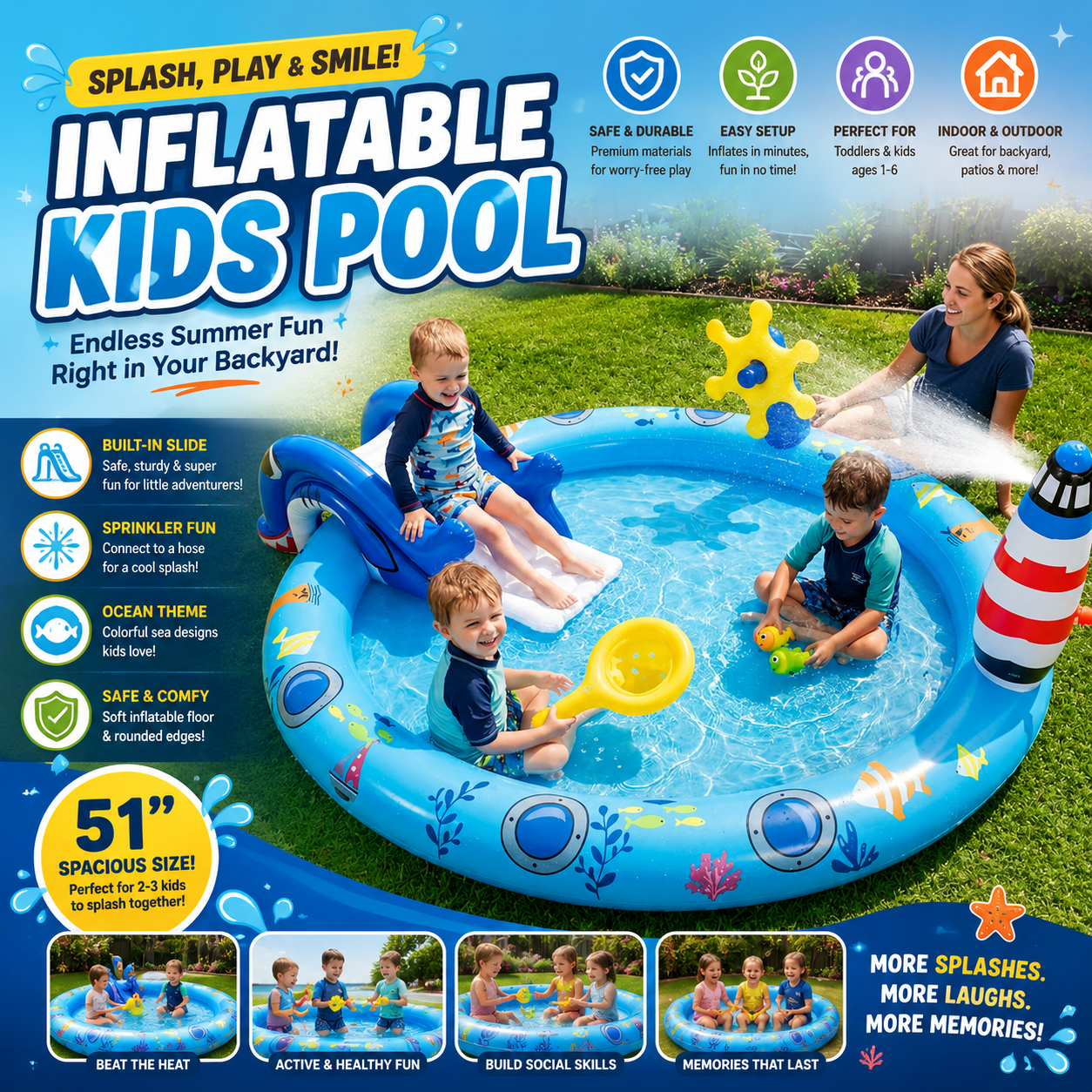 Inflatable Shark Water Play Center with Slide, Sprinkler & Fishing Game