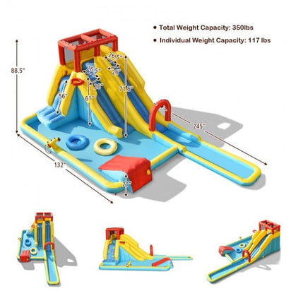 Inflatable water park with dimensions and weight capacity on a white background
