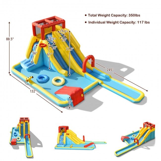 Inflatable water park with dimensions and weight capacity on a white background