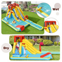 Inflatable water slide with wet and dry comparison on a grassy lawn.