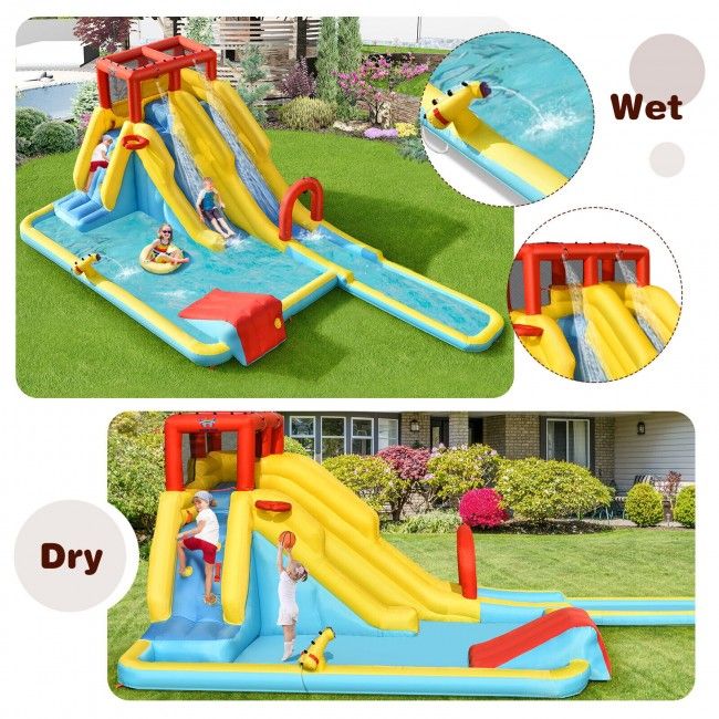 Inflatable water slide with wet and dry comparison on a grassy lawn.