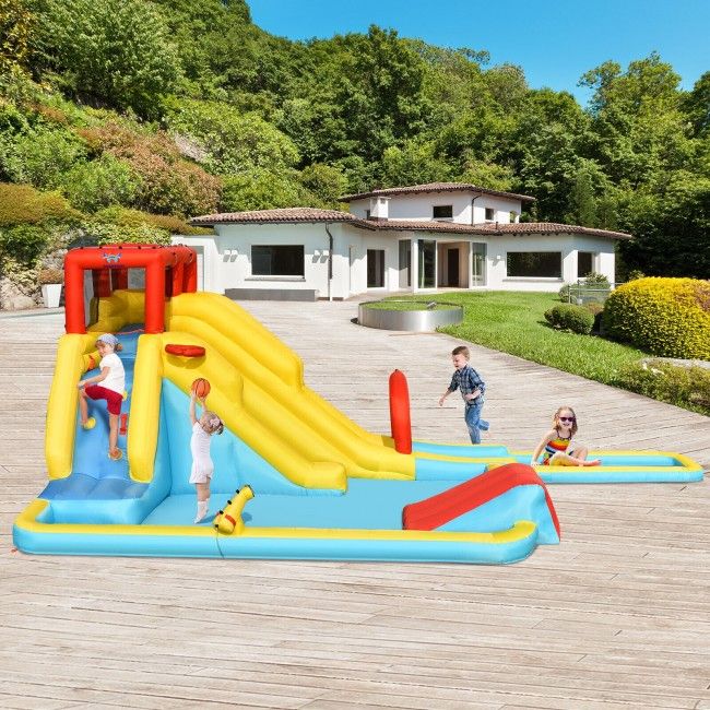 Kids Inflatable Water Park with Dual Slide, Bounce House, Climbing Wall & 735W Blower – Outdoor Summer Fun Playset