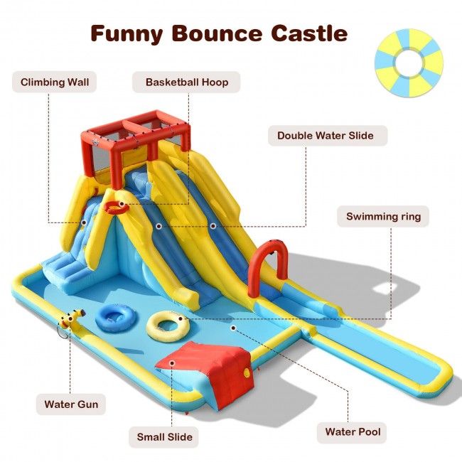 Inflatable bounce castle with various features labeled on a white background