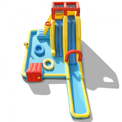 Colorful inflatable water slide with pool on a white background