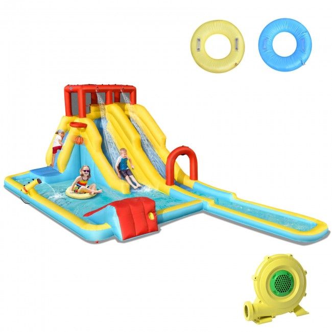 Kids Inflatable Water Park with Dual Slide, Bounce House, Climbing Wall & 735W Blower – Outdoor Summer Fun Playset