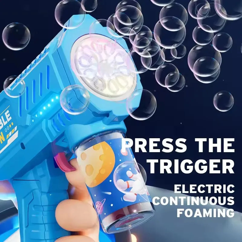 Blue bubble gun with LED light and bubbles on a dark background