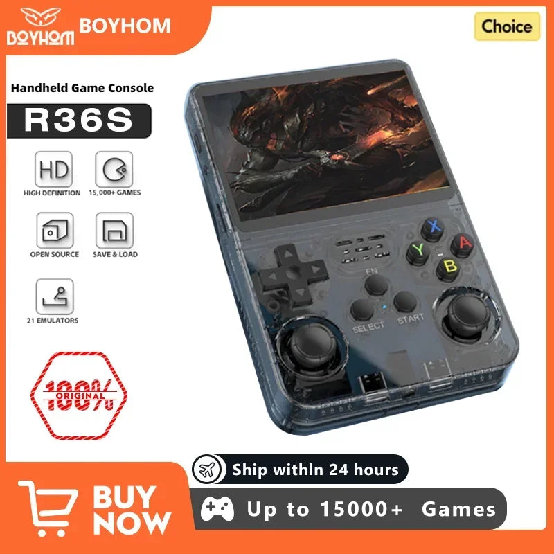Handheld game console R36S with Boyhom branding on an orange and white background