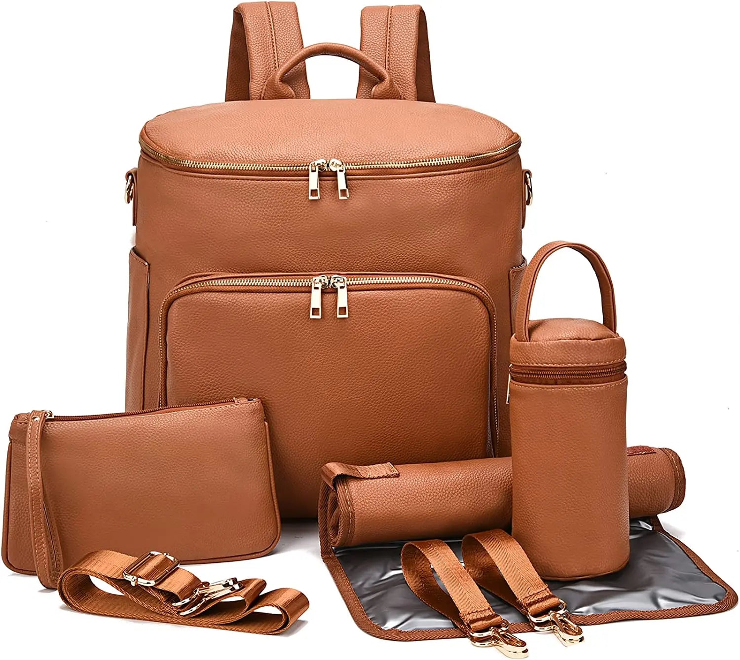 Premium 7-in-1 Diaper Bag: Solid PU Leather Maternity Backpack with Large Capacity, Travel-Ready Features, and Changing Pad