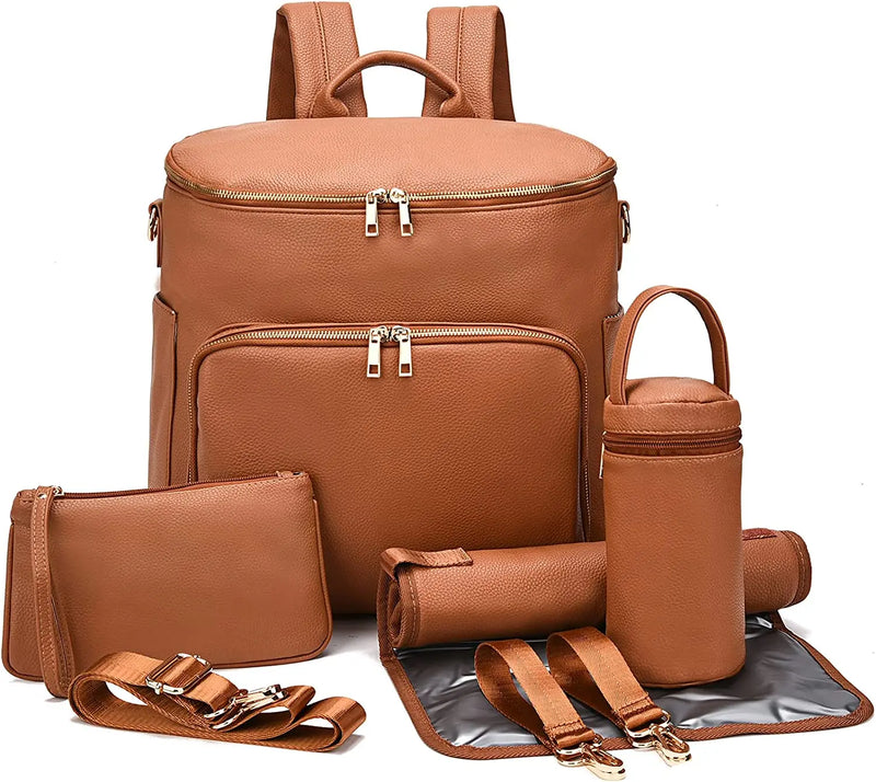Premium 7-in-1 Diaper Bag: Solid PU Leather Maternity Backpack with Large Capacity, Travel-Ready Features, and Changing Pad