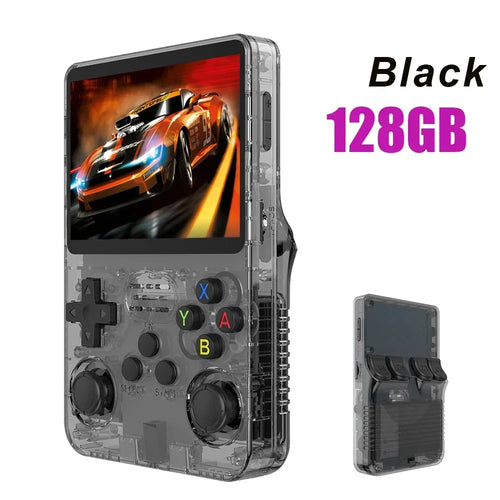 Handheld gaming console with transparent casing displaying a racing game, labeled 'Black 128GB'.