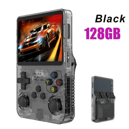 Handheld gaming console with transparent casing displaying a racing game, labeled 'Black 128GB'.