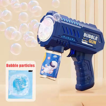 Blue bubble gun with bubble particles packet on a beige background