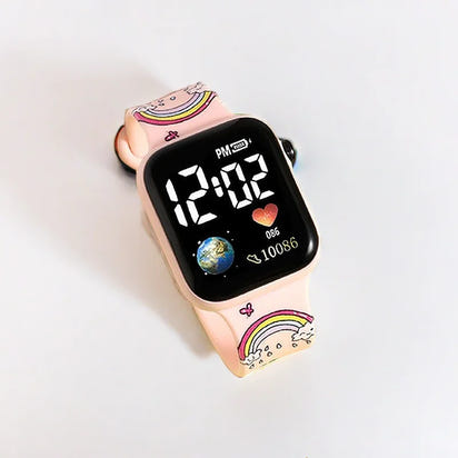 Digital watch with a pink strap featuring rainbow designs on a light gray background