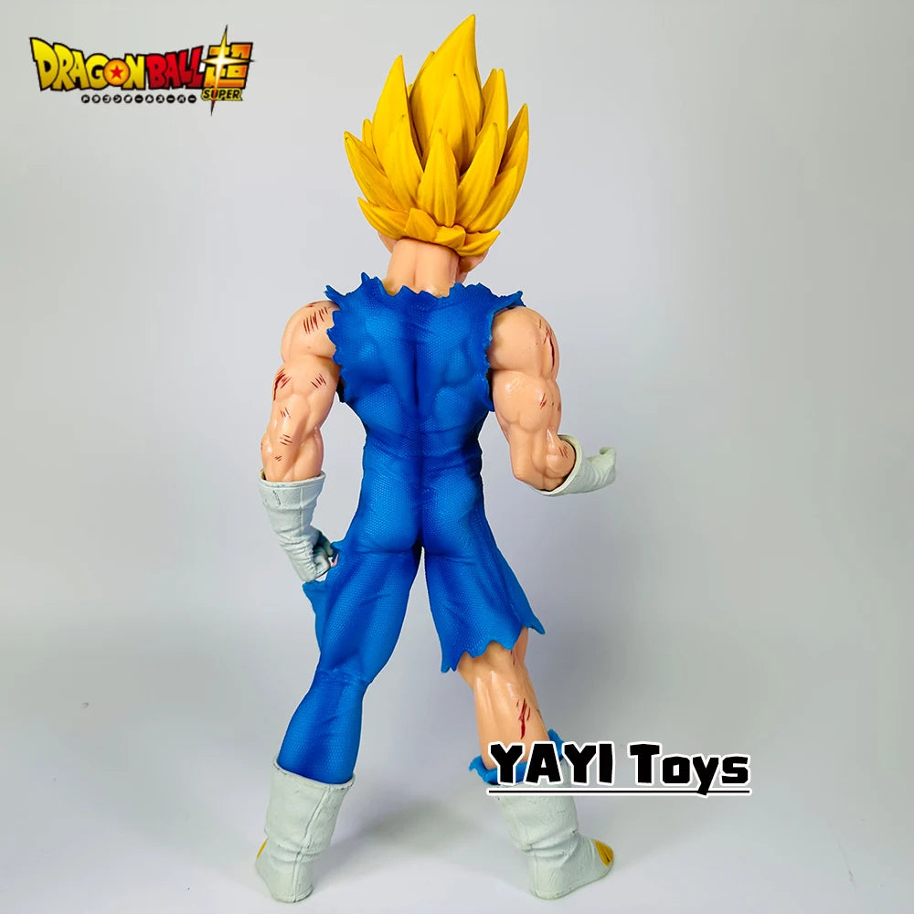 Dragon Ball Z figurine with blue outfit and yellow hair on a gray background, featuring YAYI Toys branding.
