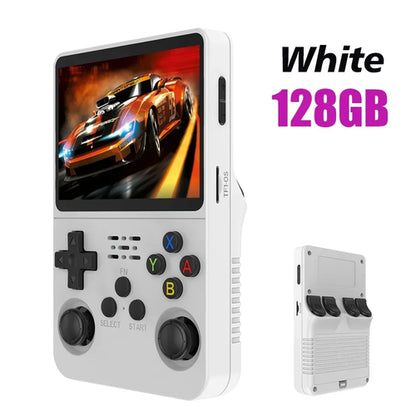 Handheld gaming console with screen displaying a racing game, white casing, and '128GB' text.