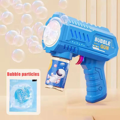 Blue bubble gun with bubble particles packet on a beige background