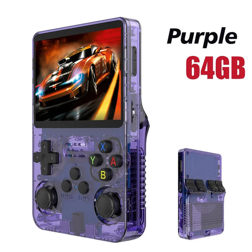Purple handheld gaming console with 64GB storage, showing a car game on screen.