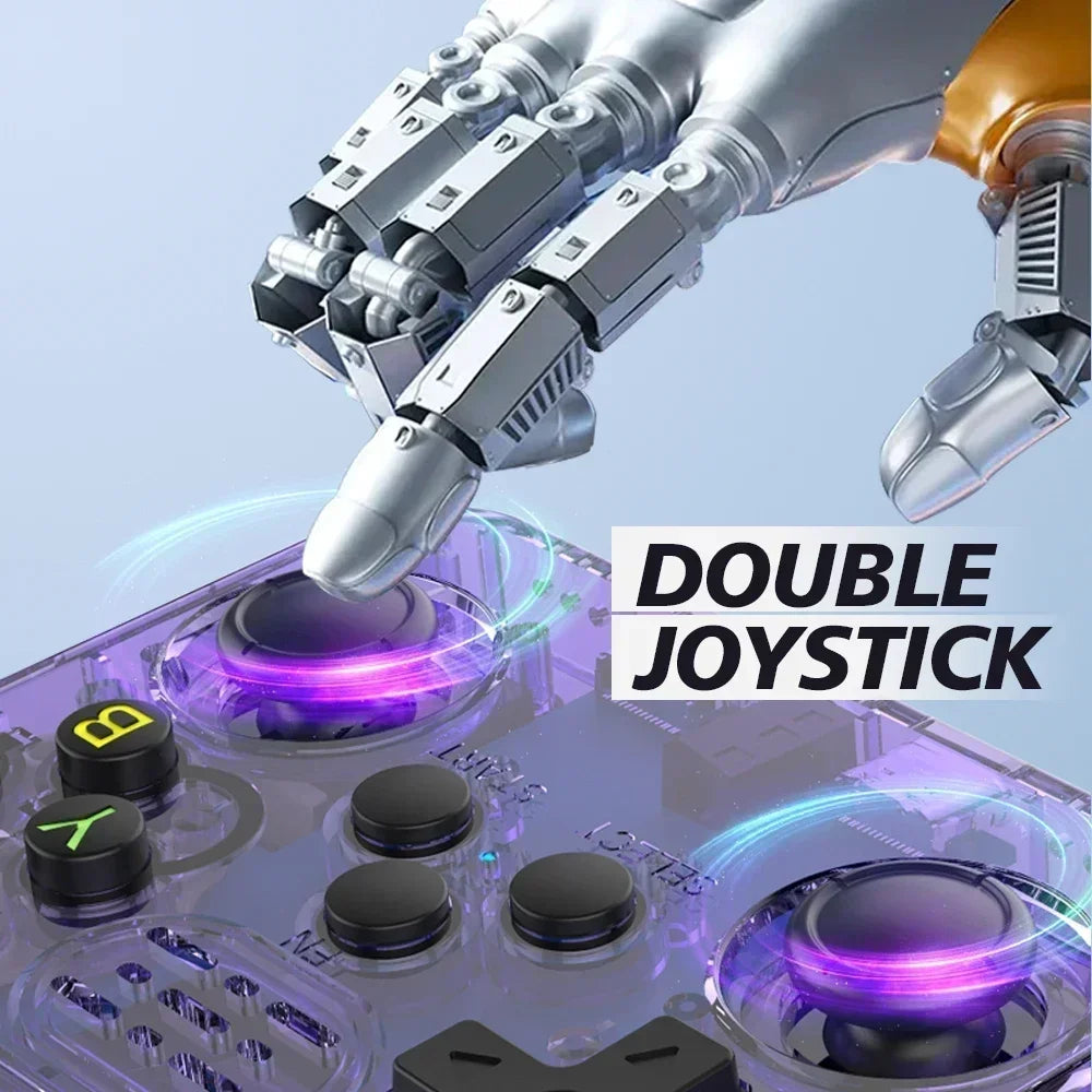 Robotic hand interacting with a futuristic gaming controller featuring double joystick design.