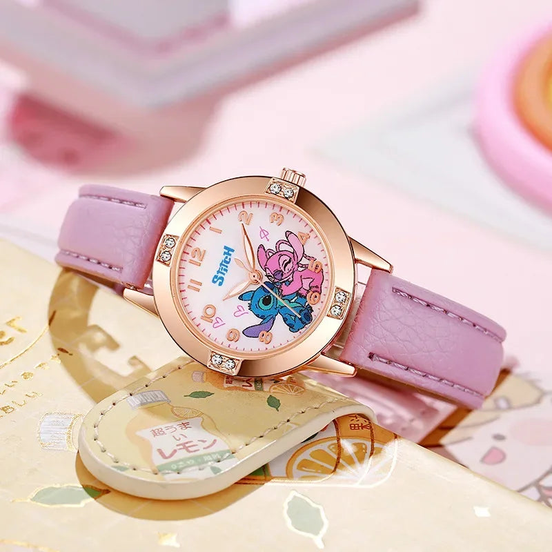 Pink cartoon-themed watch with a colorful background