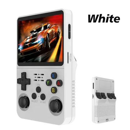 Handheld gaming console with screen displaying a racing game, white color shown.
