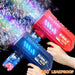 Two bubble guns, one red and one blue, with hands holding them against a black background with colorful bubbles.
