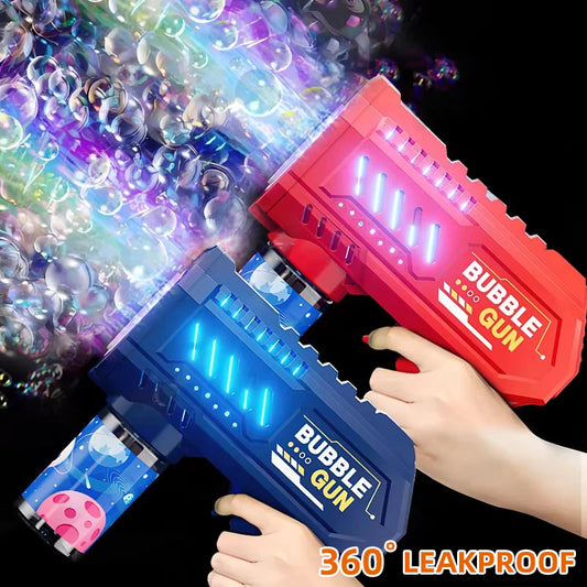Two bubble guns, one red and one blue, with hands holding them against a black background with colorful bubbles.
