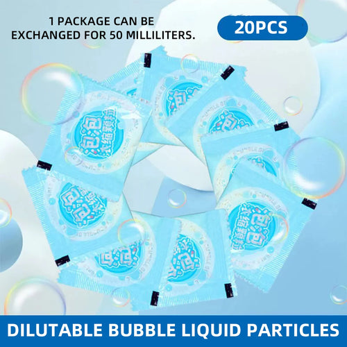 Packaging of dilutable bubble liquid particles with text indicating exchange value and quantity.