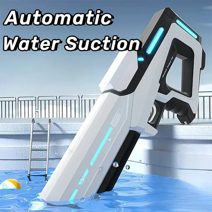 Robotic pool cleaner with 'Automatic Water Suction' text in a pool setting.