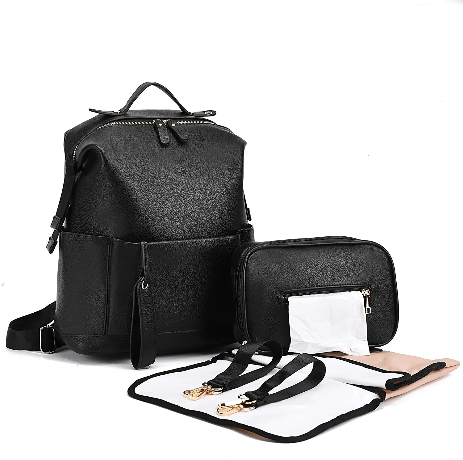 Premium 7-in-1 Diaper Bag: Solid PU Leather Maternity Backpack with Large Capacity, Travel-Ready Features, and Changing Pad